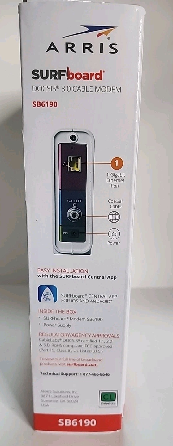 ARRIS SURFboard SB6190 DOCSIS 3.0 32 x 8 Gigabit Cable Modem White (BT3)