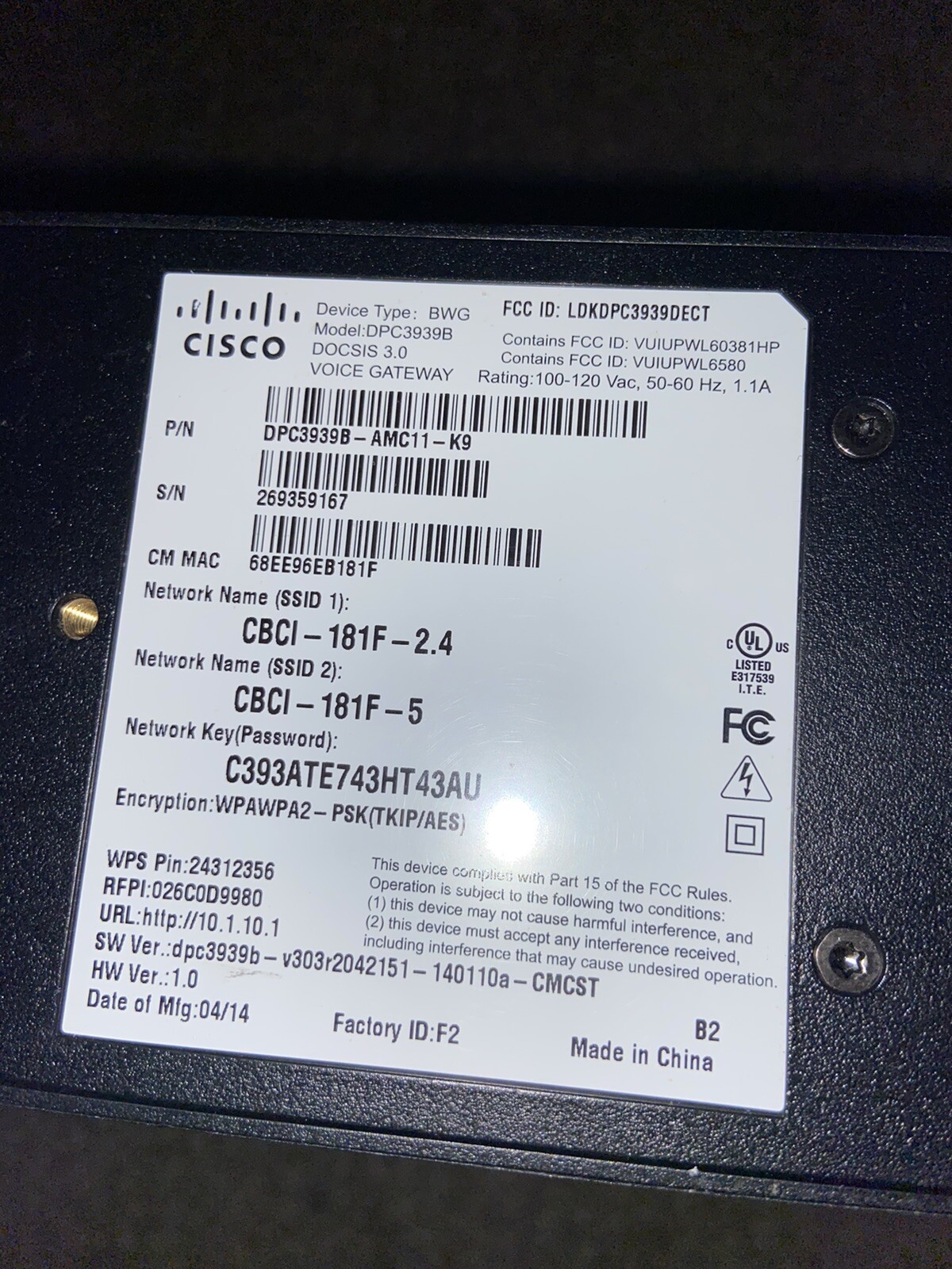 COMCAST Business Dual Band Wifi BWG Model Cable Modem Router