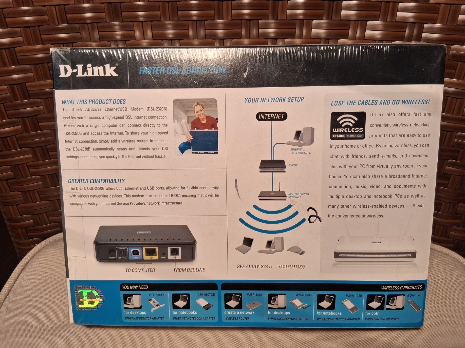 D-Link Modem ADSL2/2+ETHERNET/USB DSL-2320B With Cables USB/Lan/DSL Inputs