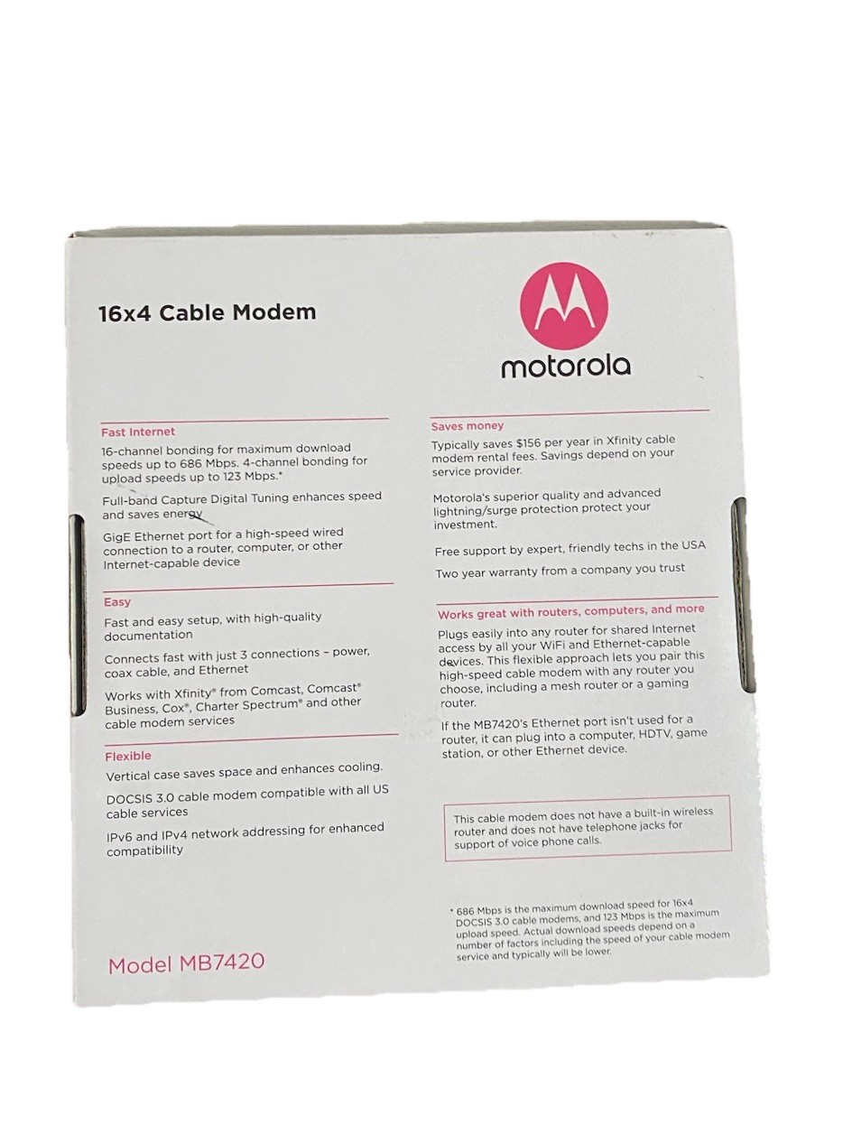 Motorola MB7420-10 16×4 686 Mbps DOCSIS 3.0 Cable Modem New Open Box