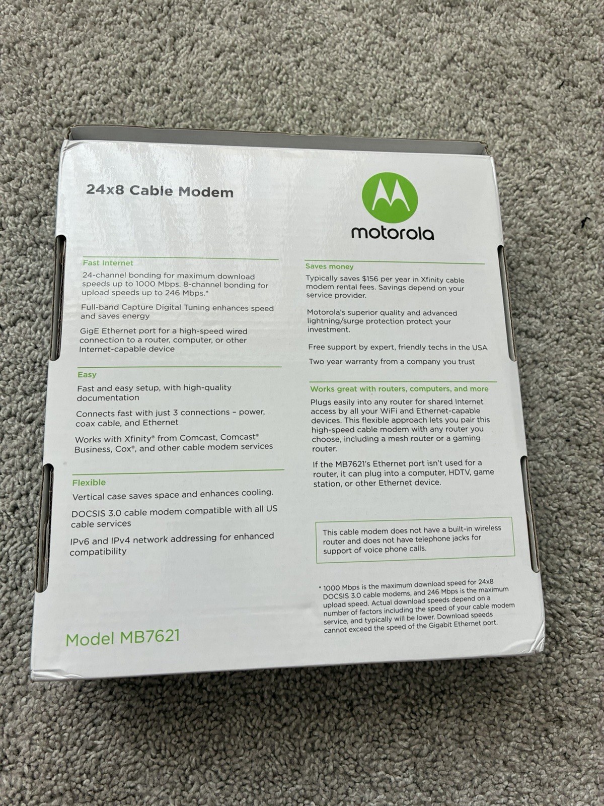 Motorola MB7621 24X8 Cable Modem With Ethernet Cable 1000+ Mbps
