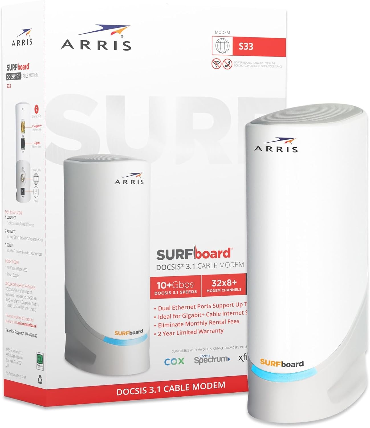 ARRIS S33 Cable Modem DOCSIS 3.1 Multi-Gigabit WiFi Max Internet Speed 2.5 Gbps