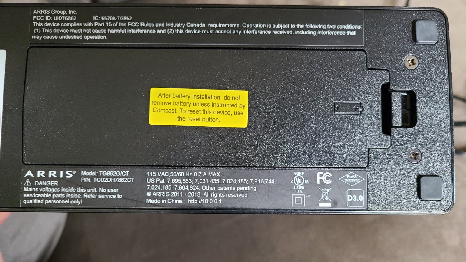 Arris Xfinity Modem Router Arris TG862G/CT & Power Cord, No Box