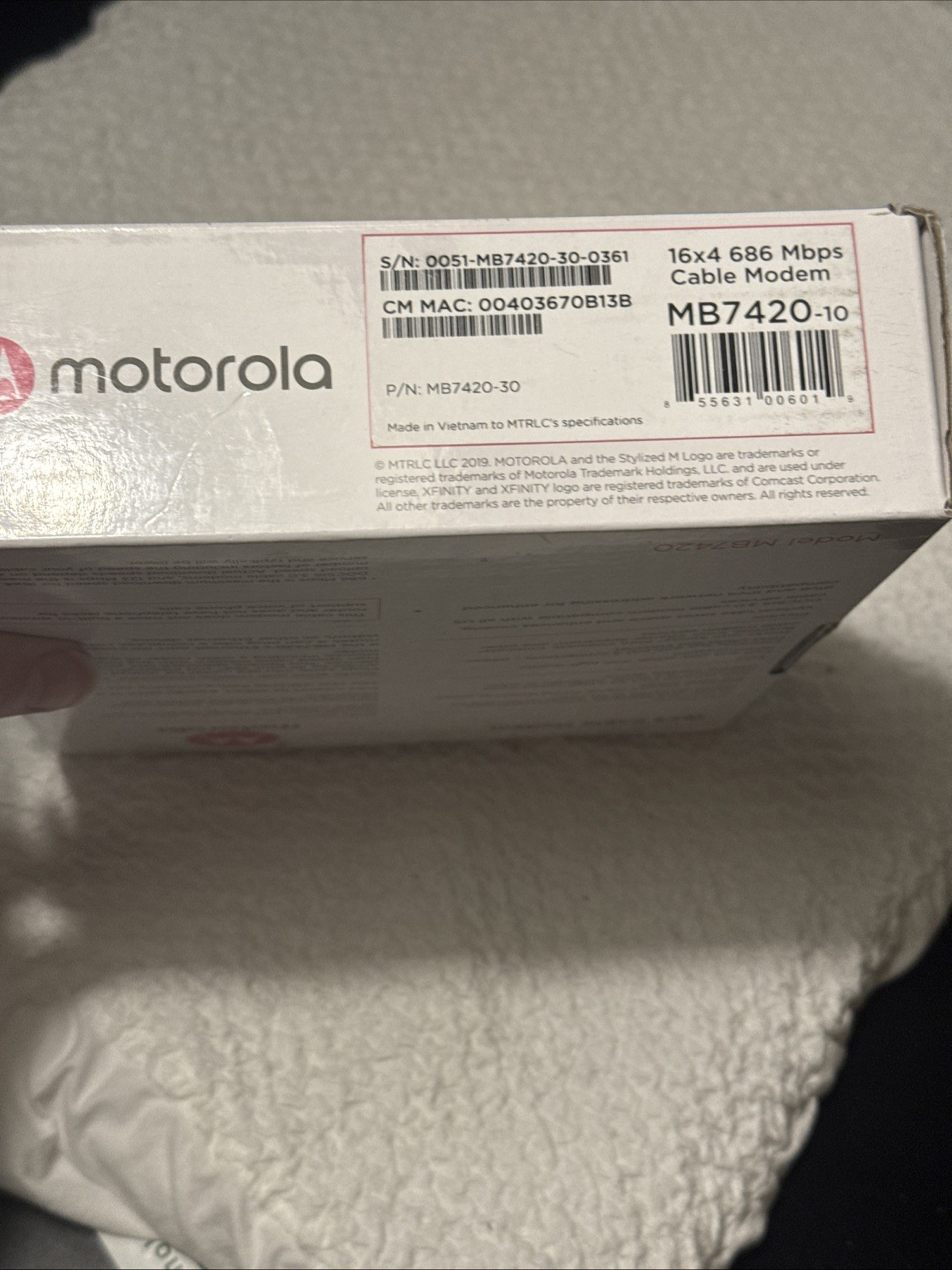 Motorola Cable Modem 16×4 686 Mbps Model MB7420 Comcast XFINITY Open Box