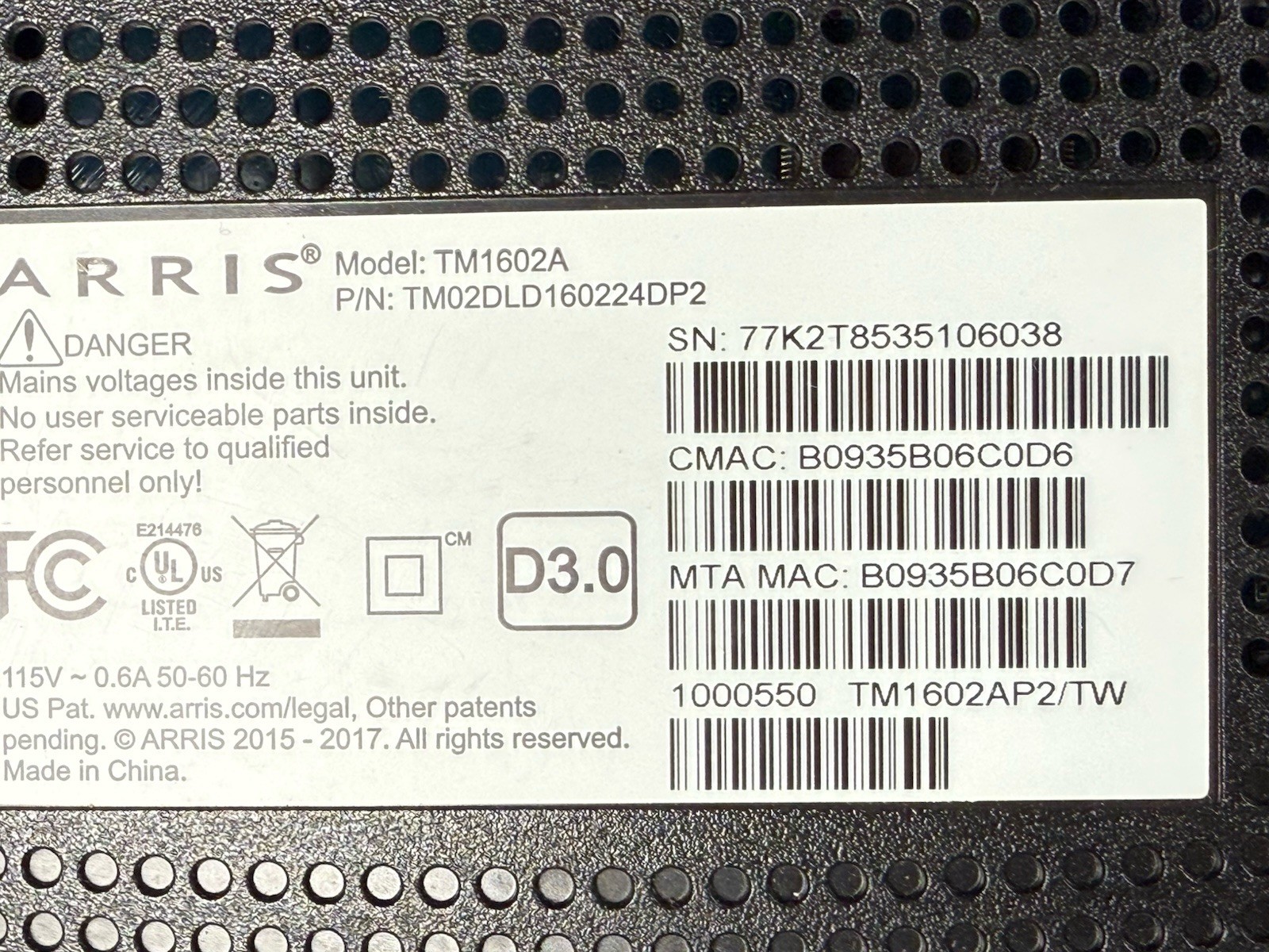 Arris TM1602A Docsis 3.0 Modem Router Optimum Cablevision Untested