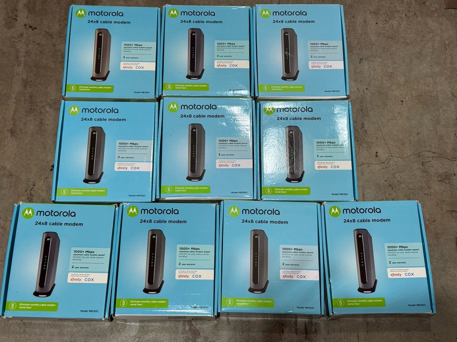 10x Motorola 24×8 Cable Modem Model MB7621 DOCSIS 3.0 – AC Adapter, LAN Cable