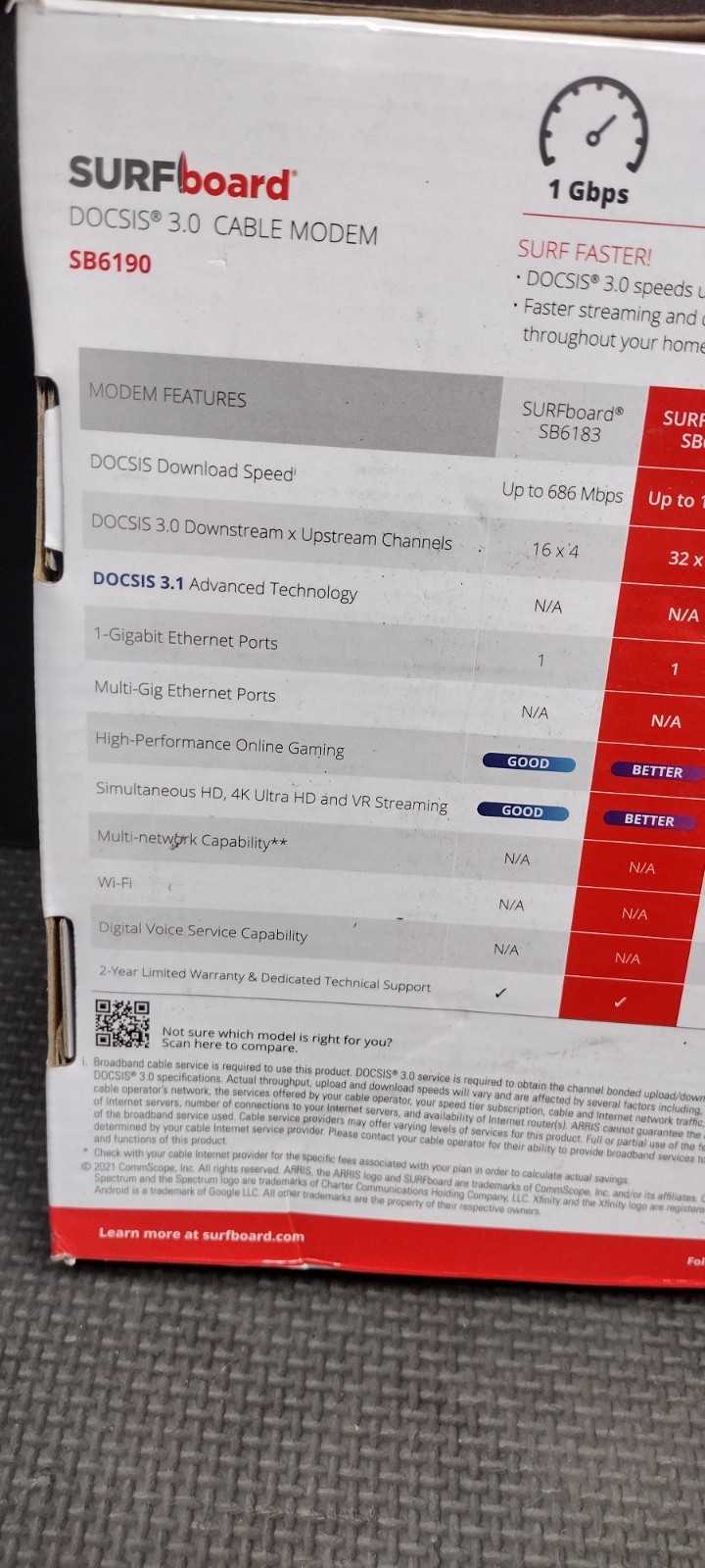 ARRIS SURFboard SB6190 32×8 DOCSIS 3.0 Gigabit Cable Modem