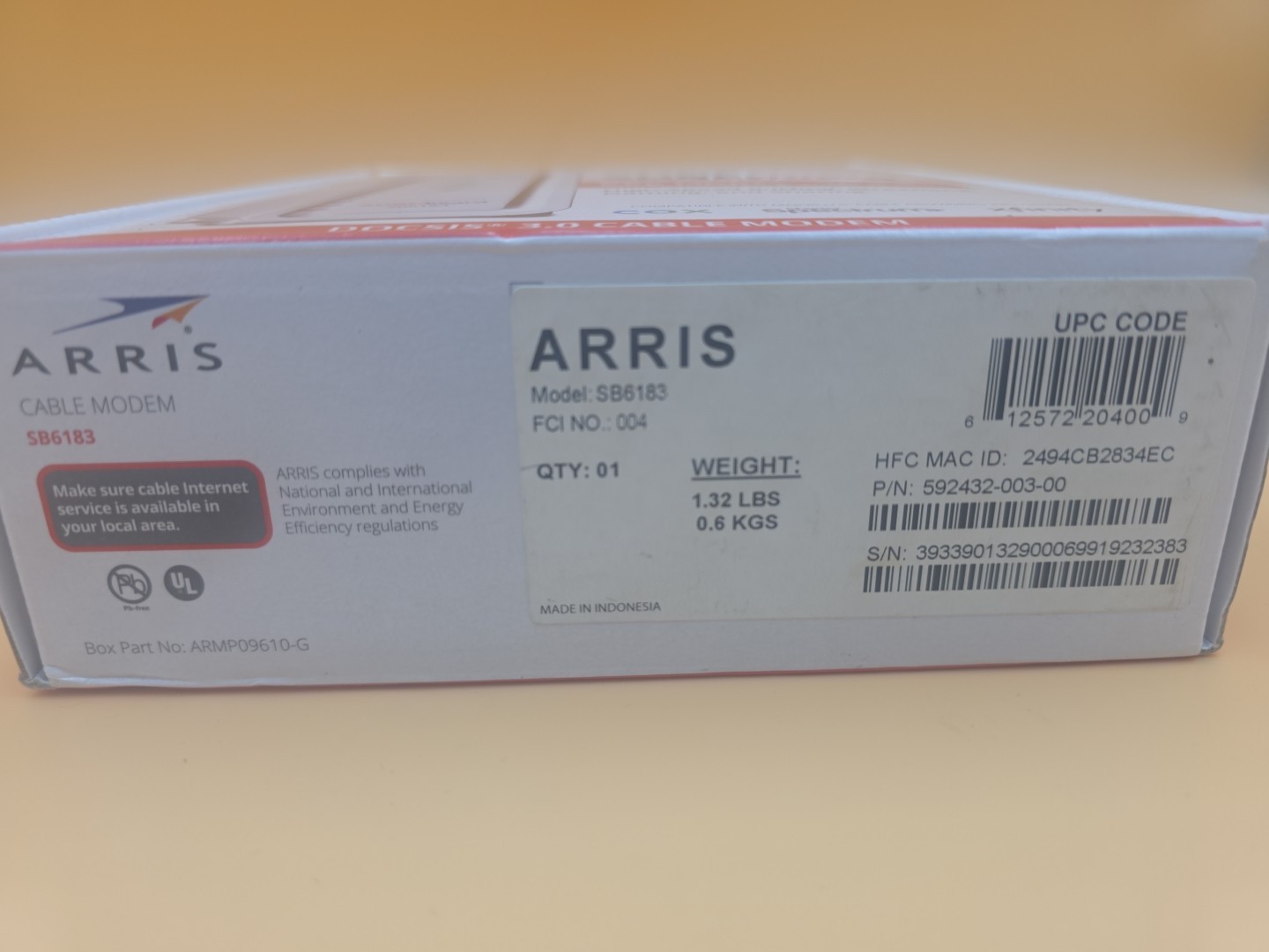 ARRIS SB6183 SURFboard DOCSIS 3.0 Cable Modem, 686Mbps, IPv4 & IPv6 Support, WHT