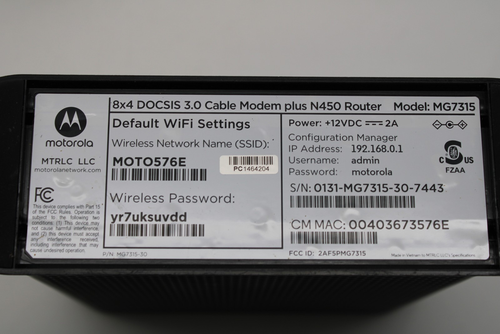 Motorola MG7700 Modem WiFi Router Combo *READ DESC* PC1464204