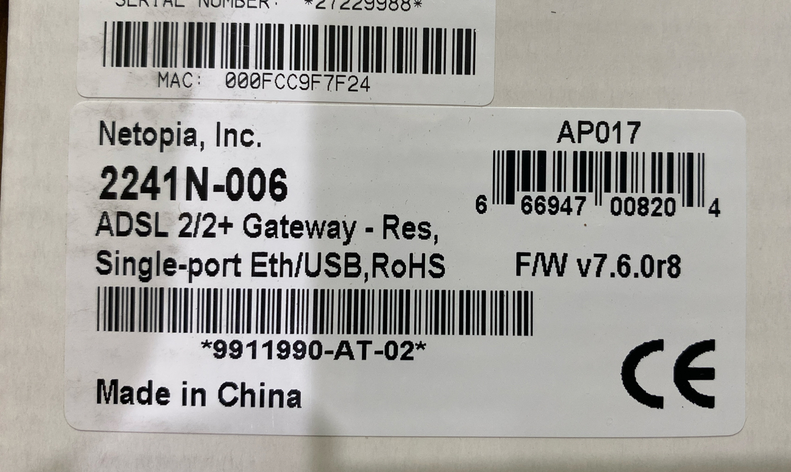 Netopia 2241N-006 ADSL 2/2+Gateway – Res, Single-Port Eth/USB Modem NIB