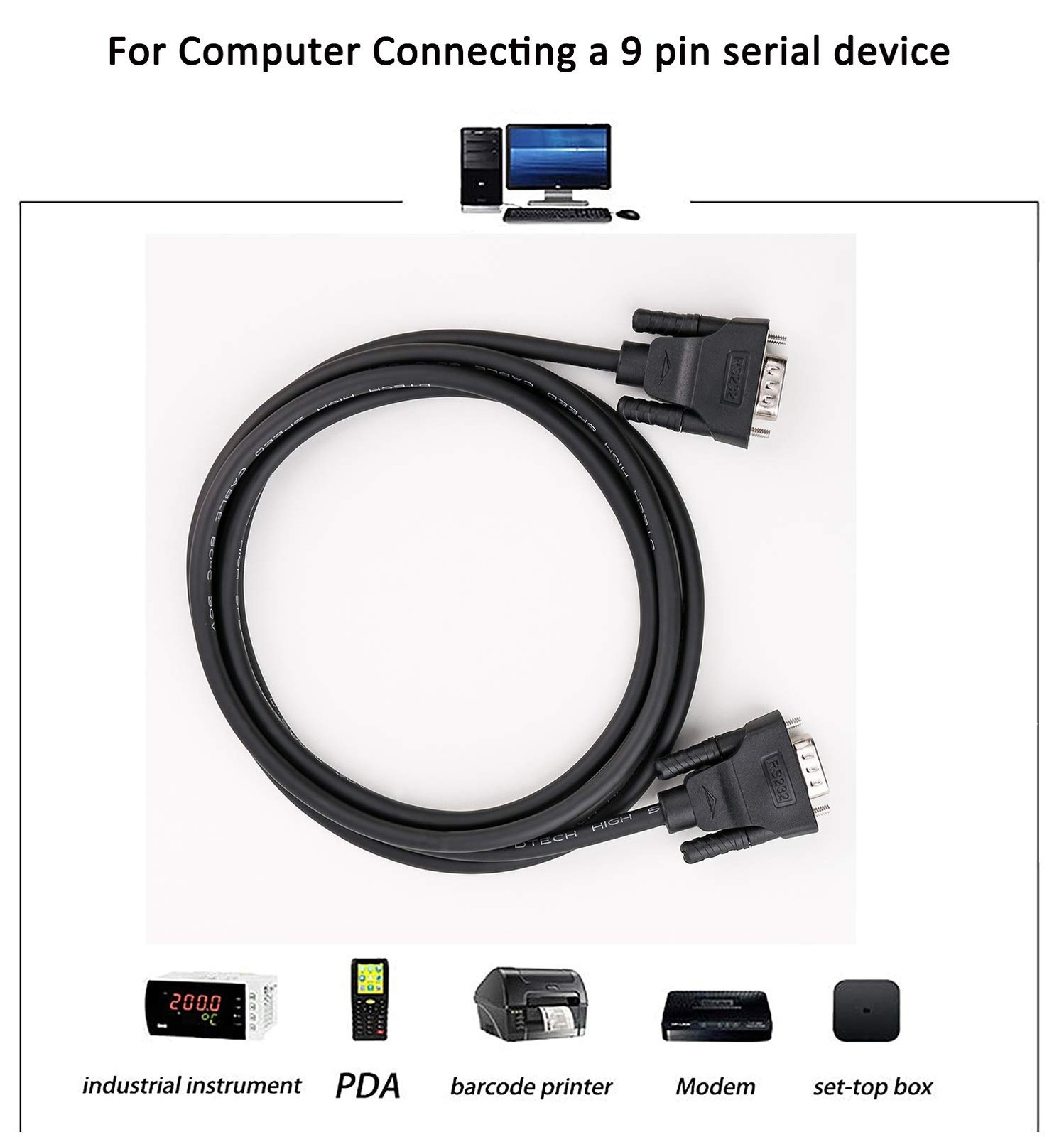 DB9 RS232 Serial Cable 10 Feet M/F Null Modem 7 Wire Crossover Black