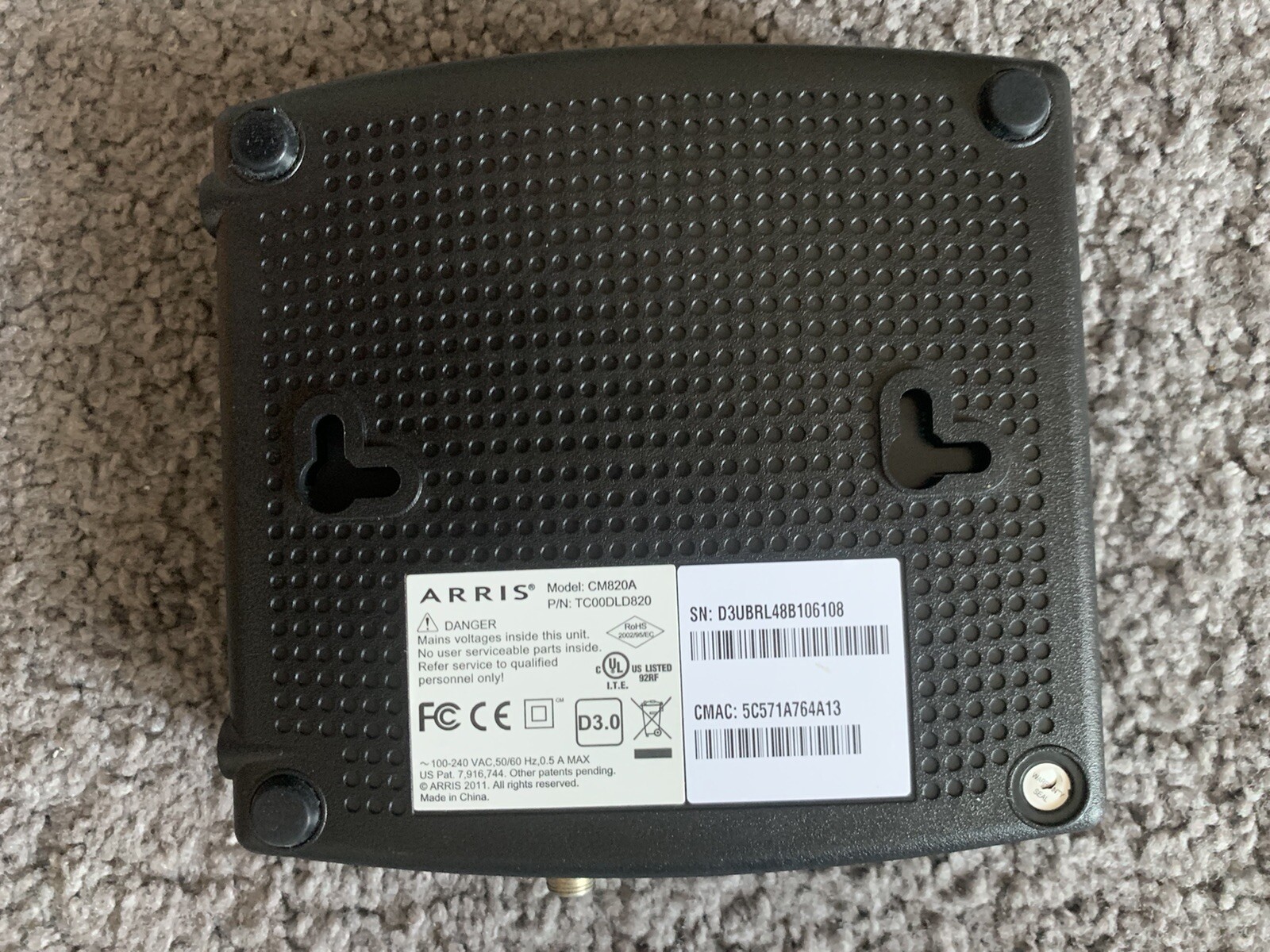 ARRIS CM820A/CT DOCSIS 3.0 Cable Modem. Modem Only NO POWER CORD