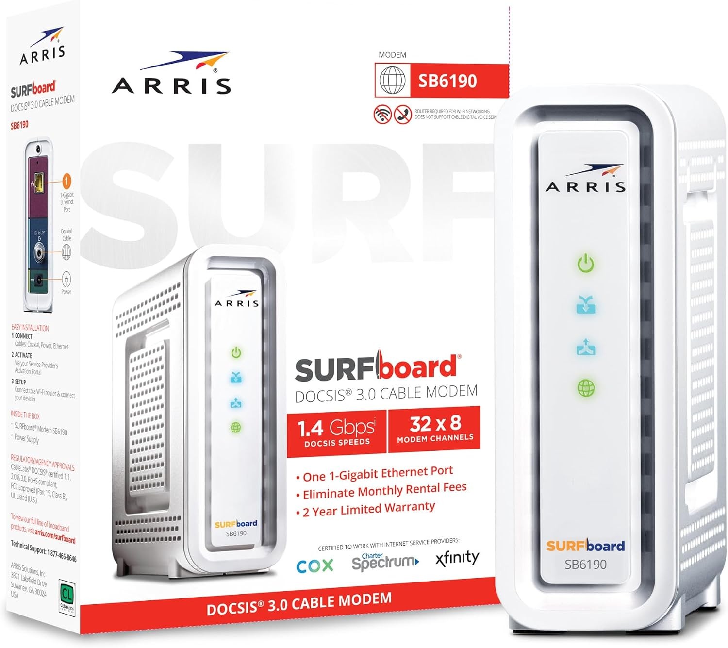 ARRIS SB6190 Cable Modem DOCSIS 3.0 32×8 Gigabit 1 Gbps Port 800 Mbps Max Speed