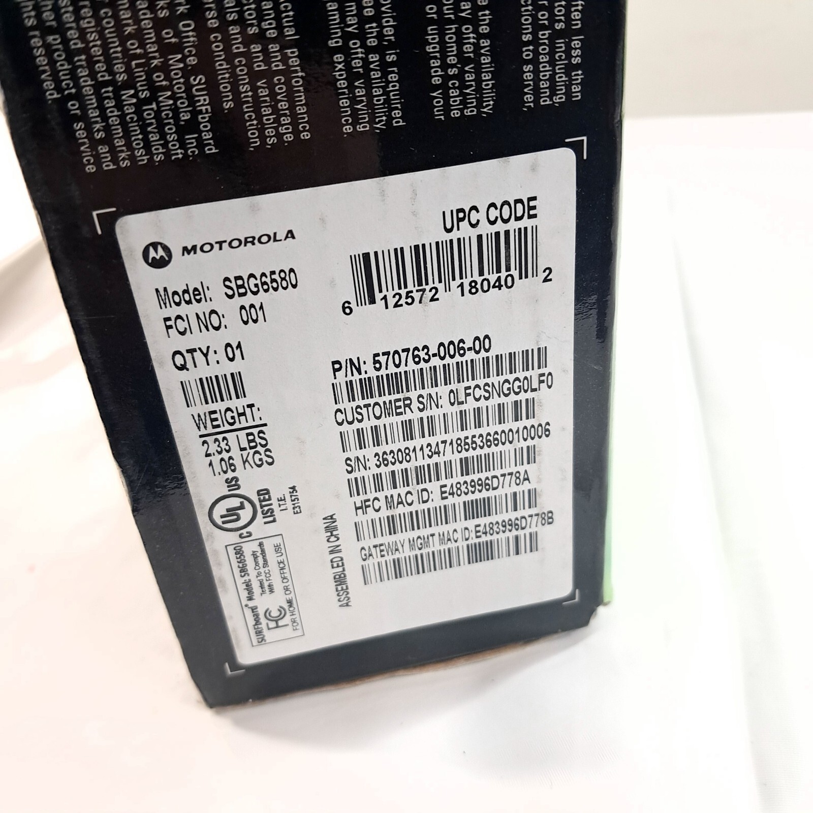 Motorola SBG6580 SURFboard eXtreme wireless cable modem gateway DOCSIS 3.0