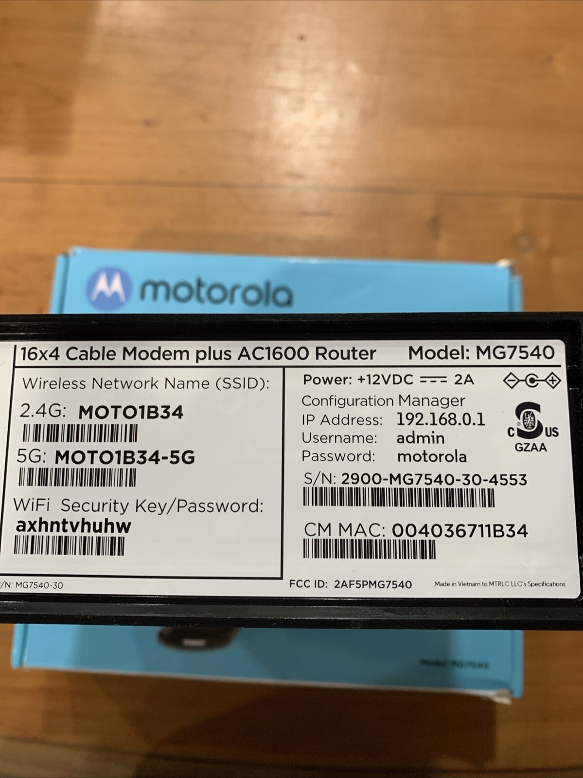 Motorola MG7540 (16×4) Cable Modem + AC1600 Dual Band Wi-Fi Router Used