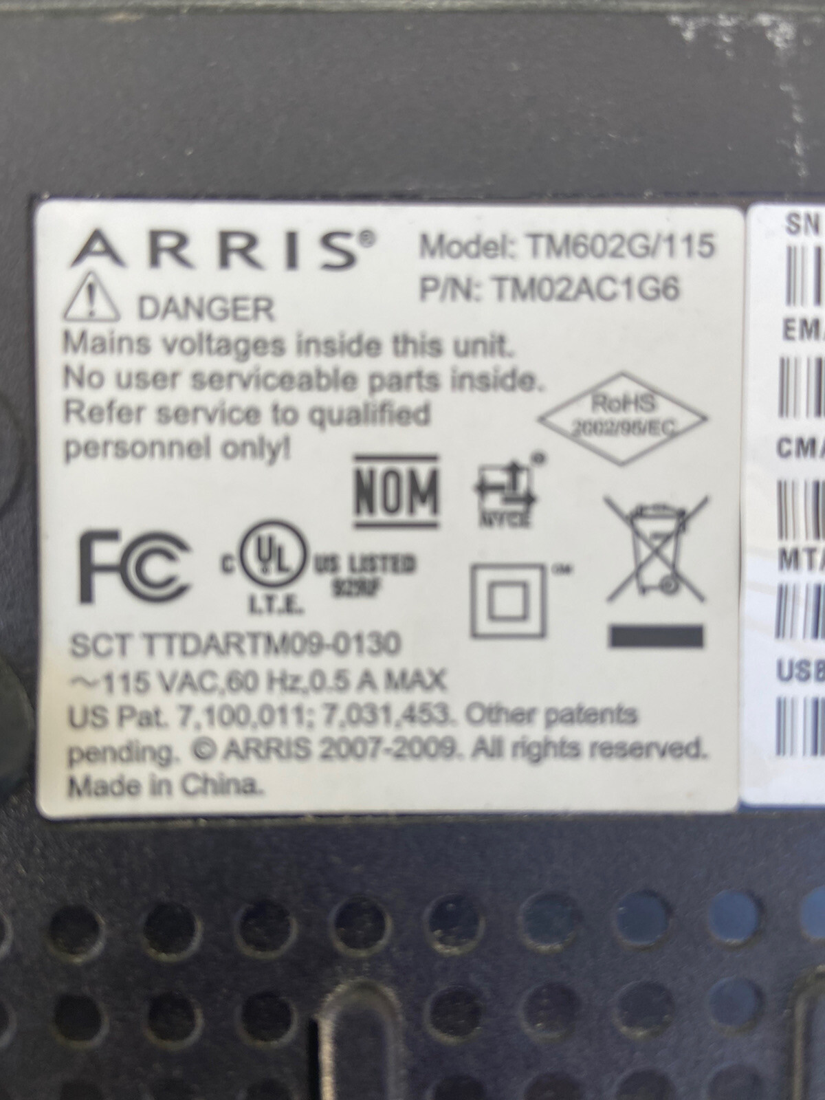 Arris TM602G/115 Cable Modem Internet & Telephone Used P/N: tm02ac1g6