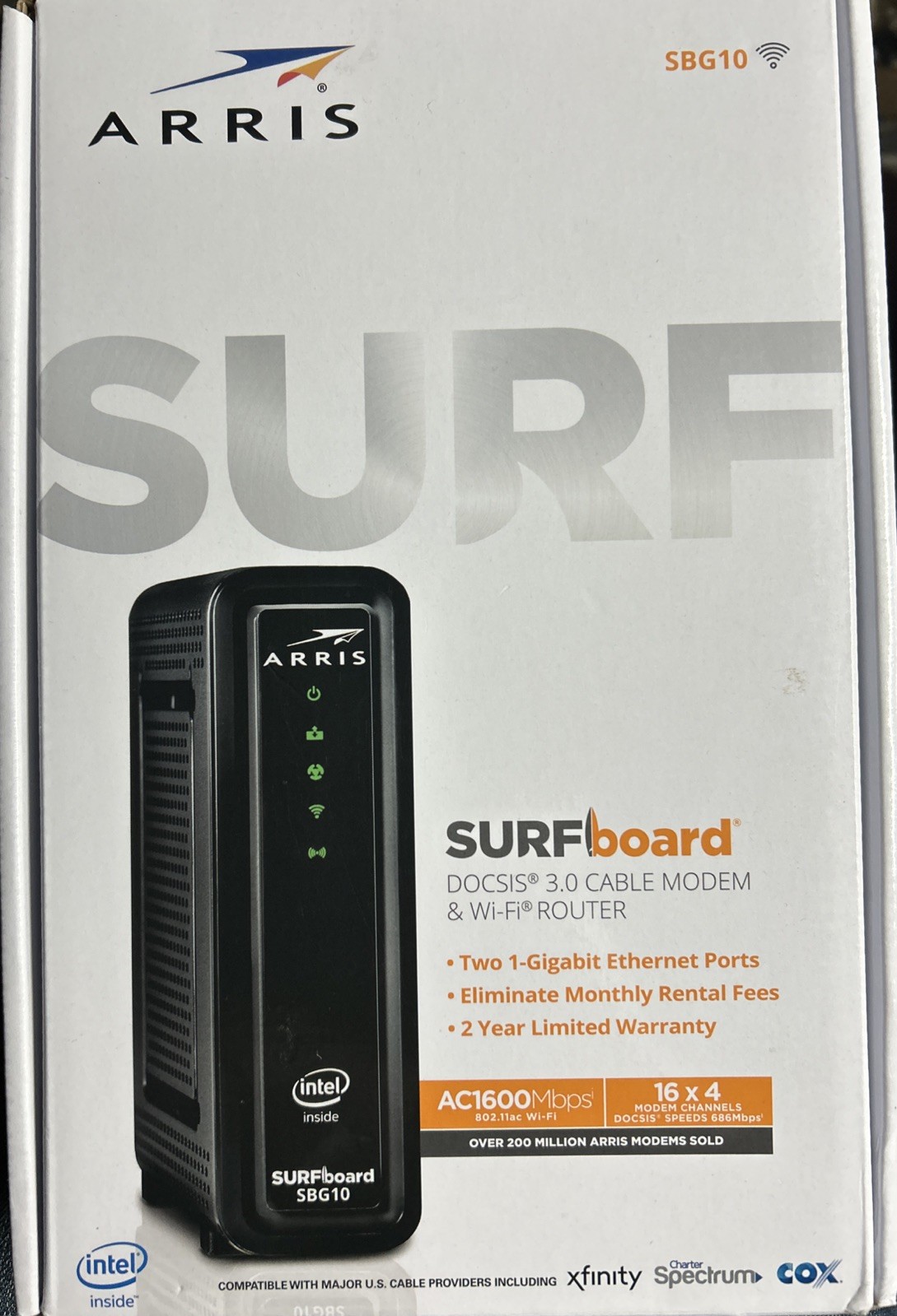 ARRIS SURFboard SBG10 DOCSIS Cable Modem & AC1600 Wi-Fi Router + Power Supply