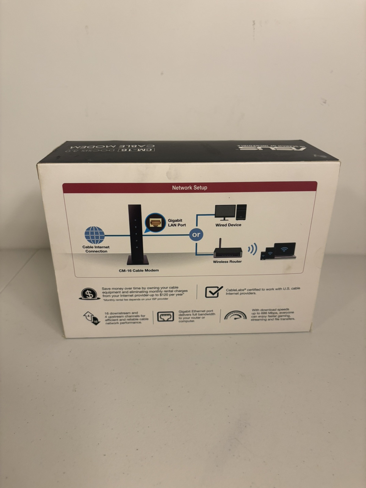 Asus CM-16 DOCSIS 3.0 Cable Modem Gigabit LAN 686Mbps w Power Cord & Ethernet