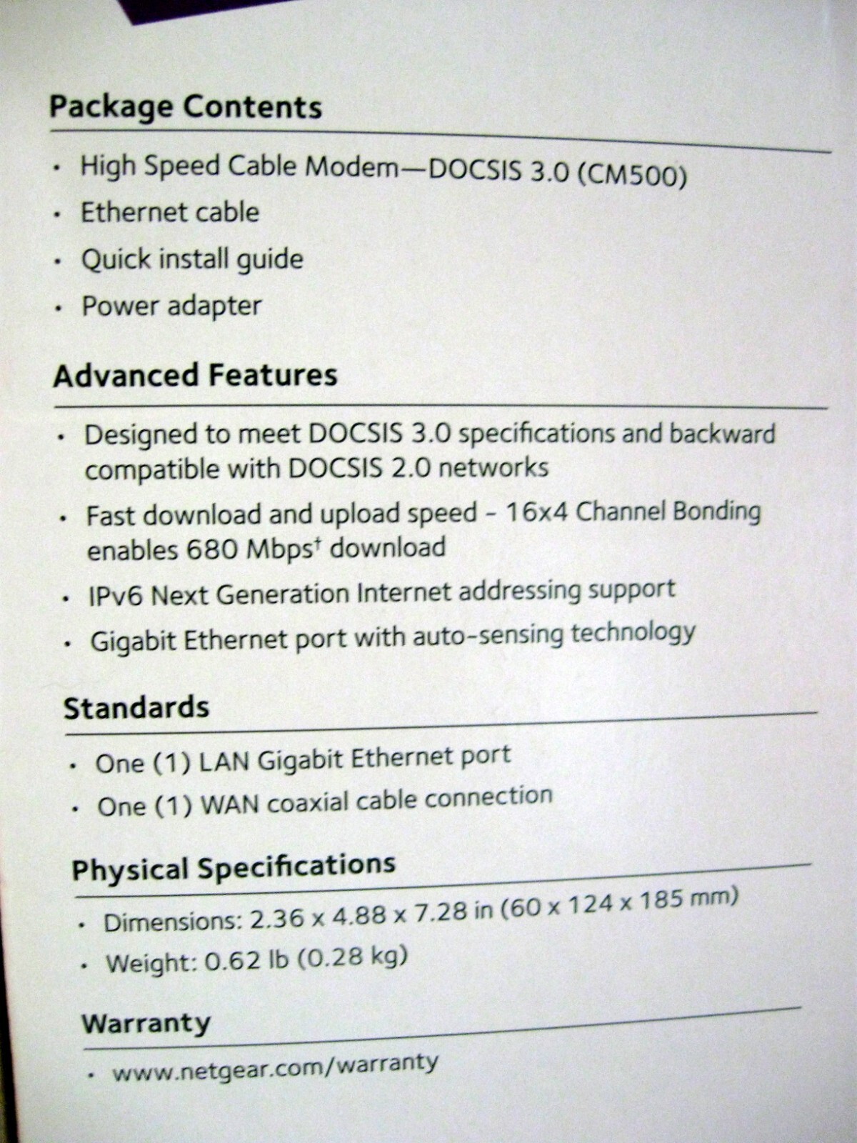 🛜NETGEAR CM500 CM500-1AZNAS 16×4 DOCSIS 3.0 Cable Modem🌟680 Mbps
