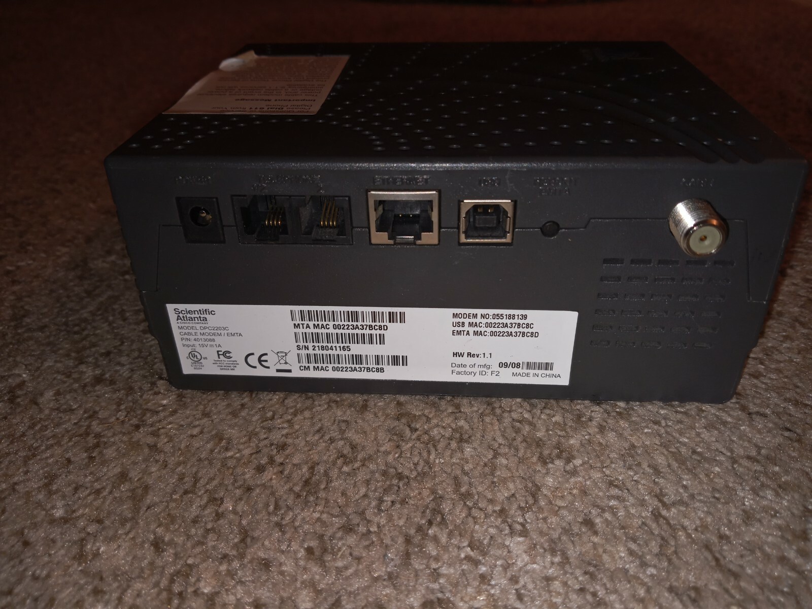 Scientific Atlanta/Cisco DPC2203C VOIP Cable Modem P/N 4013088 **MODEM ONLY**