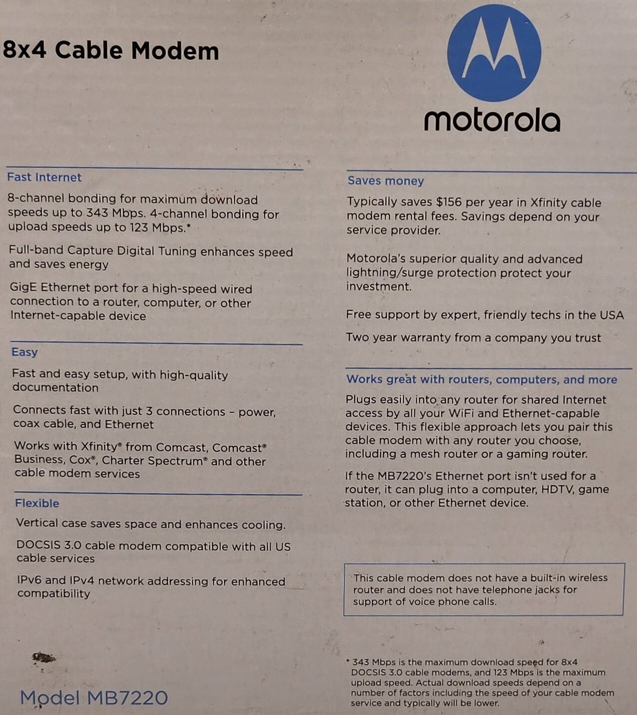 Motorola MB7220 Cable Modem – 8 x 4 DOCSIS 3.0 343 Mbps