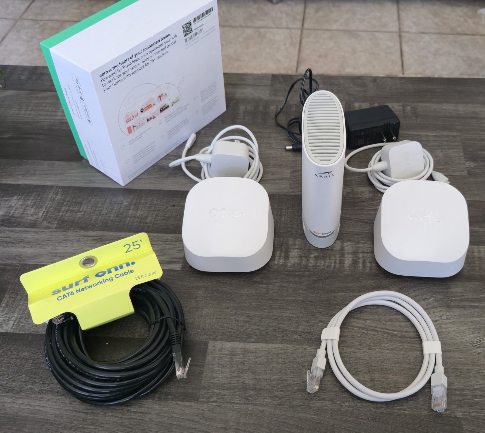 Arris Surfboard S33 DOCSIS 3.1 Modem + 2× eero 6+ Mesh WiFi Routers.