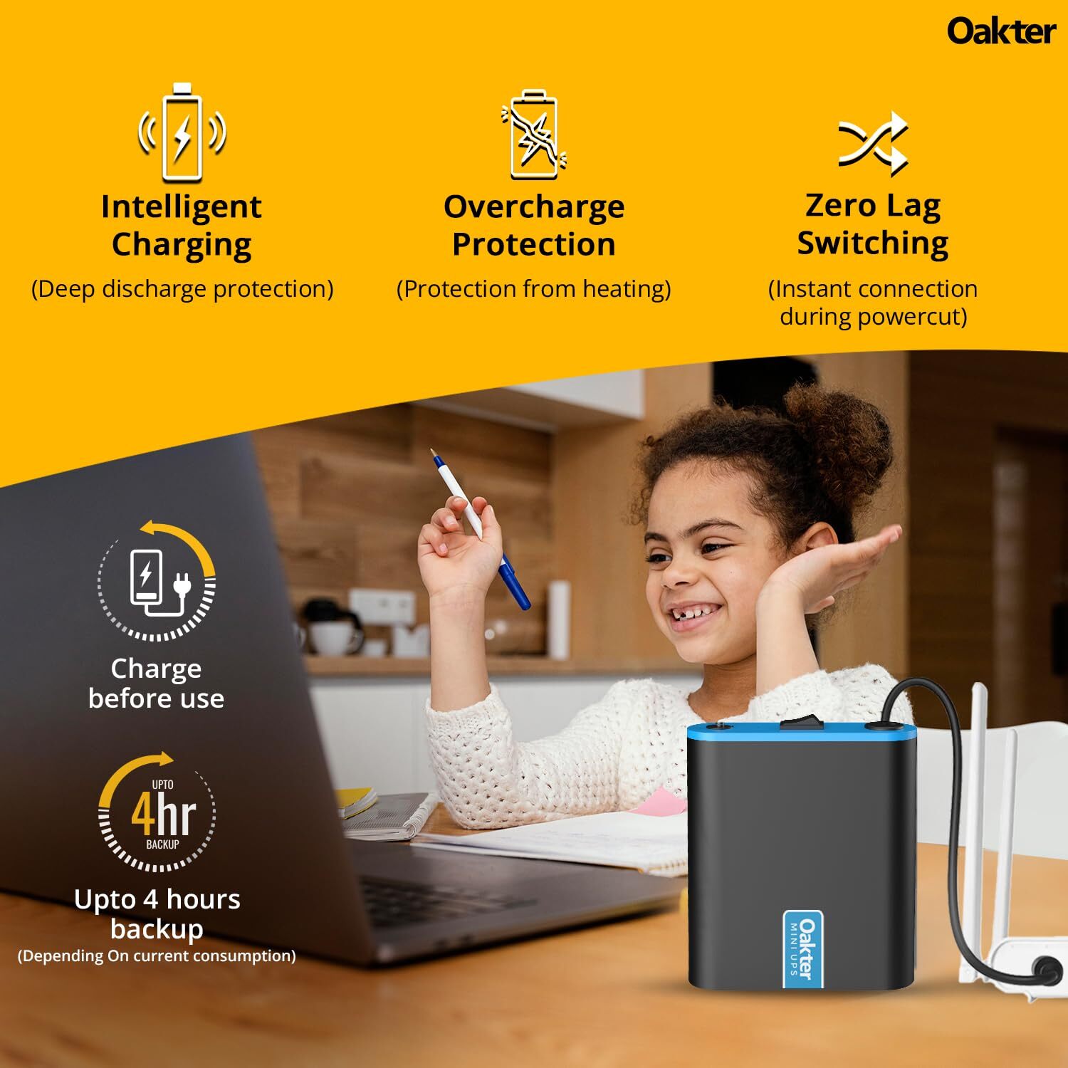 Oakter Mini UPS for 12V WiFi Router Broadband Modem | Backup Upto 4 Hours |