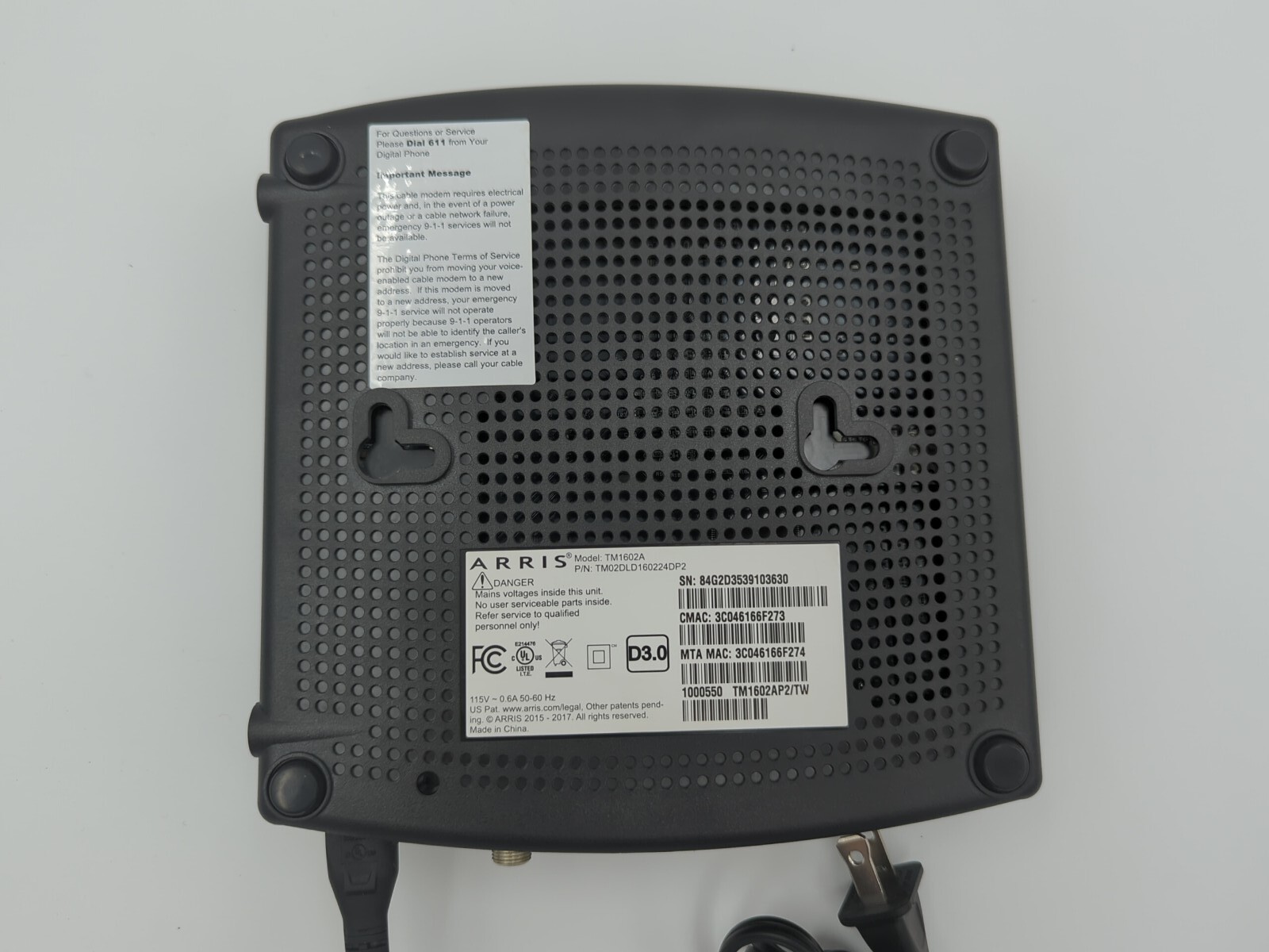 ARRIS Touchstone TM1602A DOCSIS 3.0 Cable Telephony Model