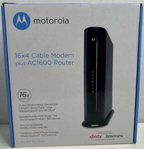 MOTOROLA MG7540 16×4 Cable Modem Plus AC1600 Dual Band Wi-Fi Router Open Box