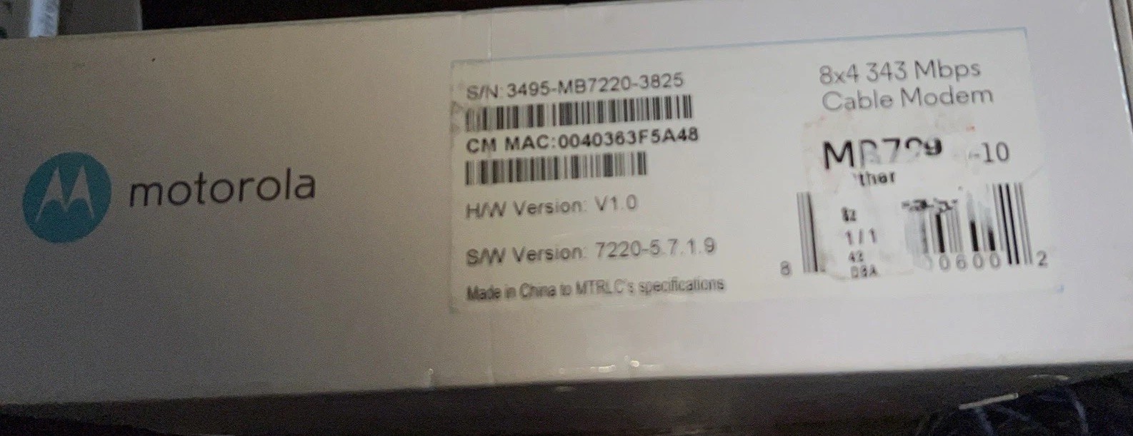 Motorola Cable Modem Model MB7220 w/ Power Cord & Ethernet Cable Tool