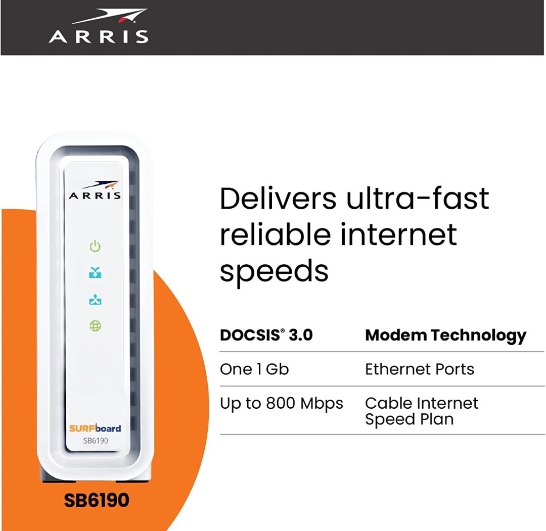 Arris Surfboard Docsis 3.0 Cable Modem SB6190 Cox SPECTRUM Comcast XFINITY BLACK