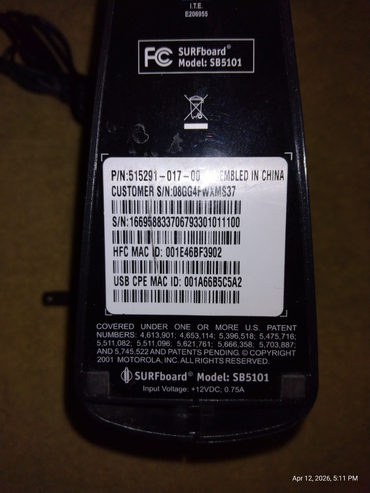 MOTOROLA SB5101 CABLE MODEM DOCSIS 2.0 WITH POWER SUPPLY