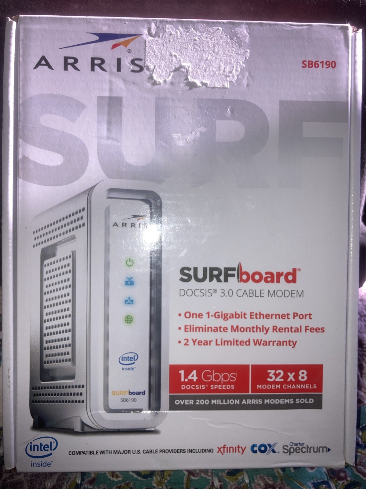 ARRIS SURF board SB6190 DOCSIS 3.0 32 x 8, 1.4 Gigabit Cable Modem – NEW
