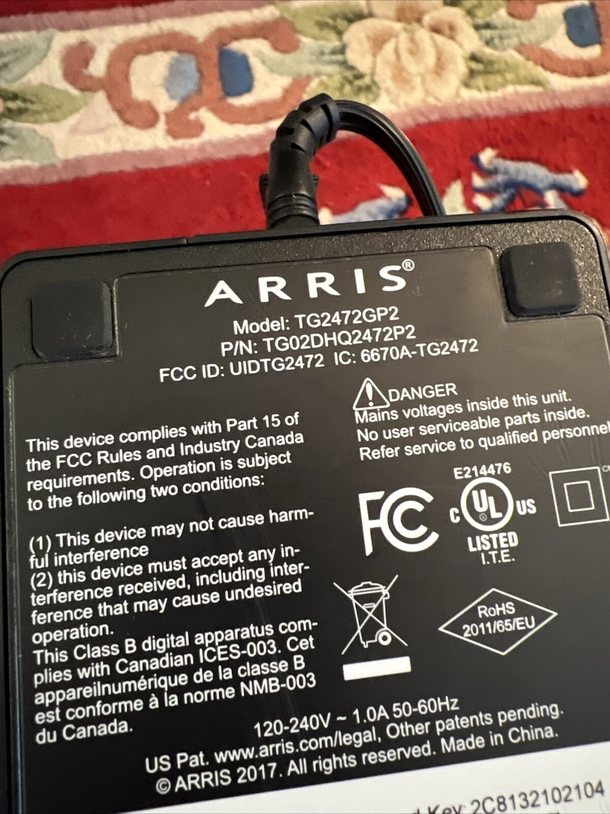 Arris Touchstone TG2472 Router with Power Cord USB Ethernet Telephone 11” Black