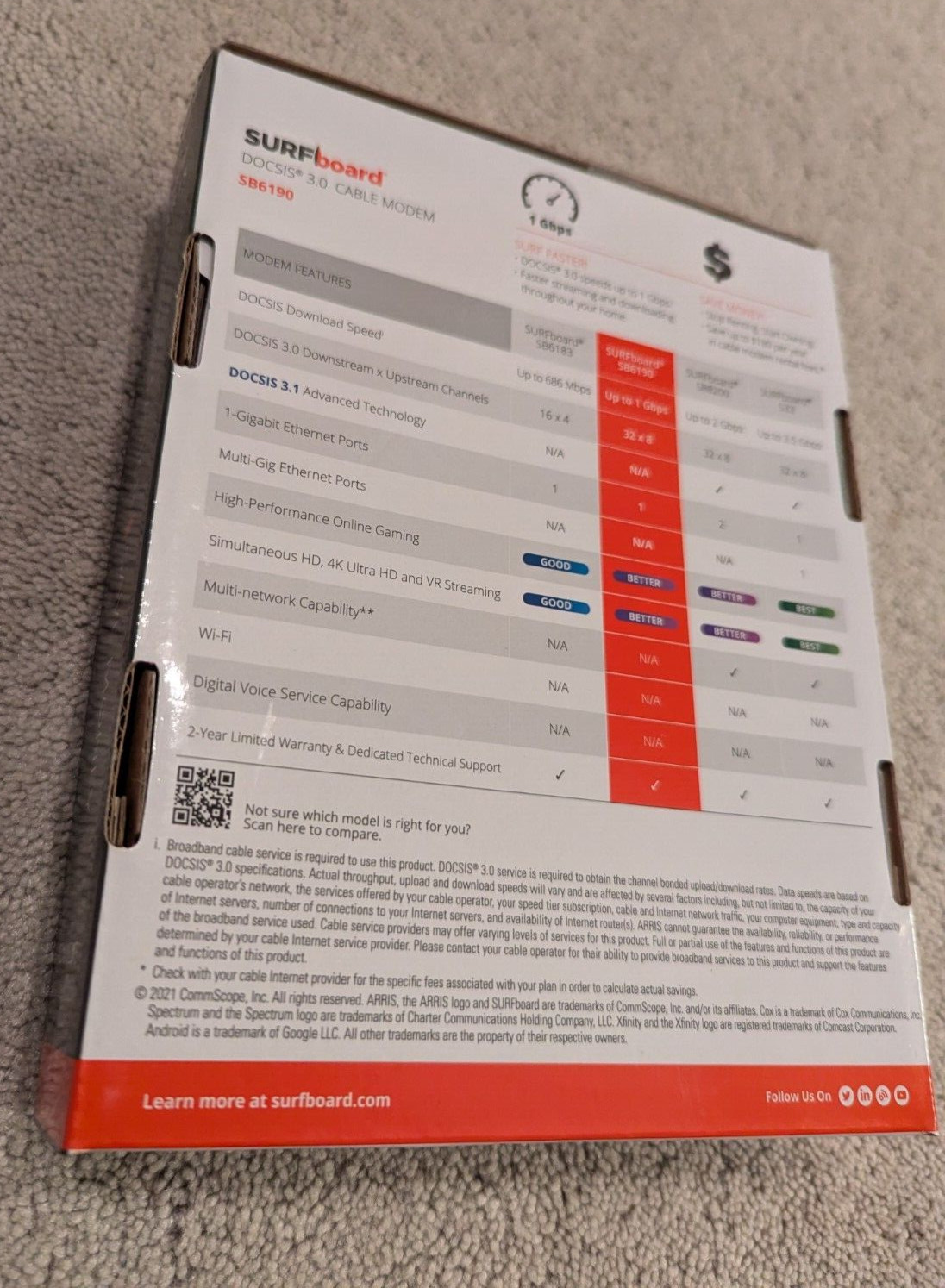 ARRIS Surfboard SB6190-RB DOCSIS 3.0 Cable Modem, White Working in Original Box