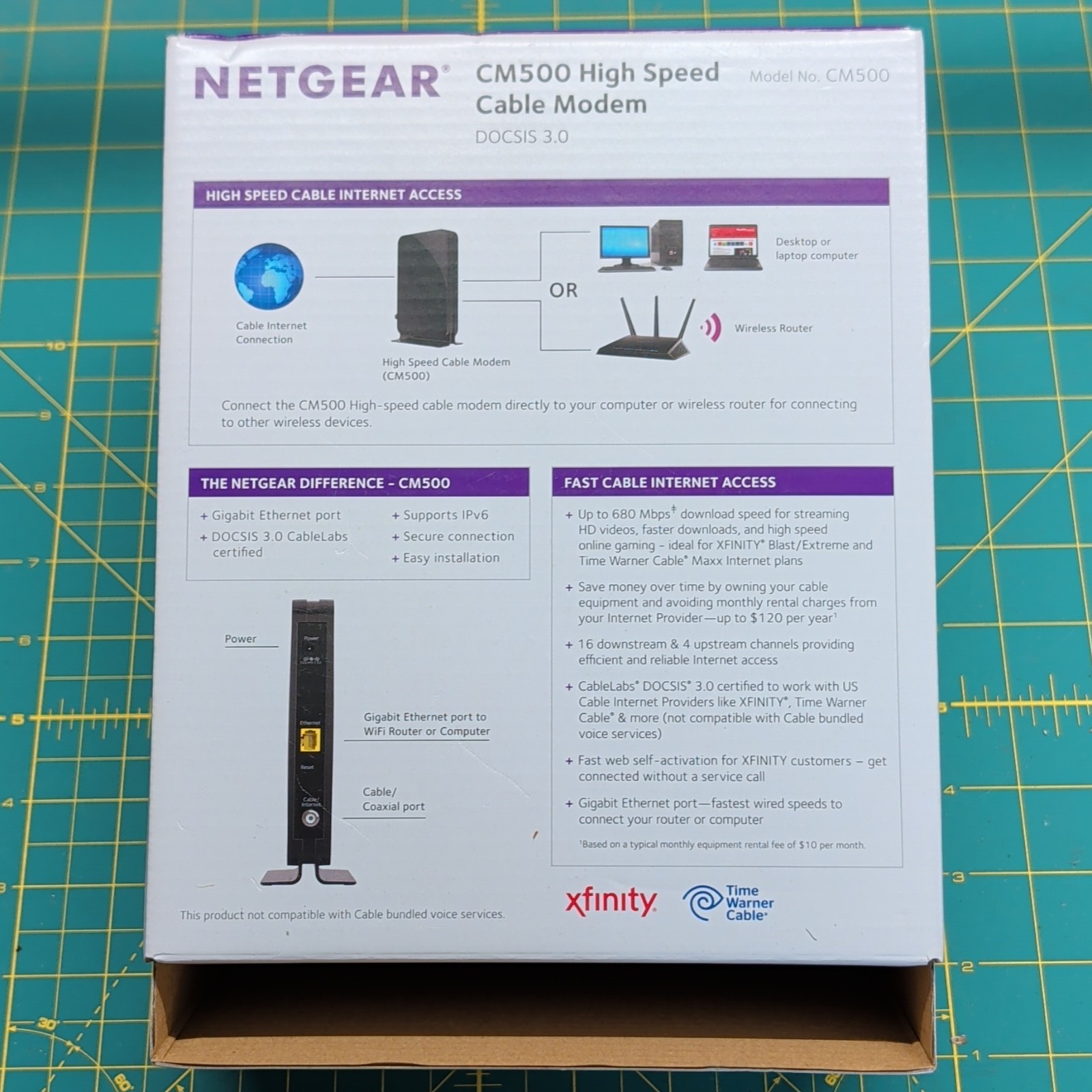 NIB NETGEAR CM500 Cable Modem (CM500100NAS) 680 Mbps with Power & Ethernet Cord