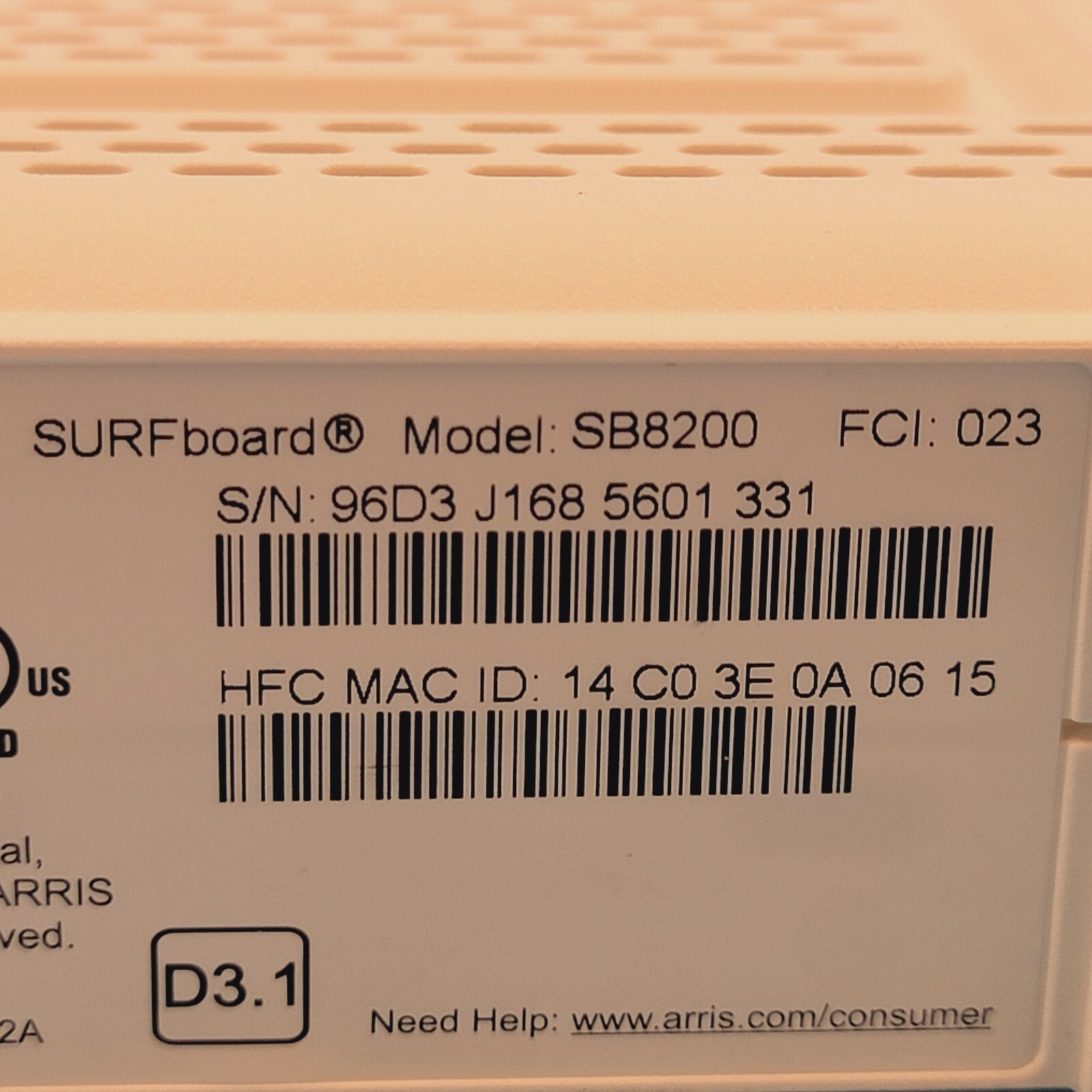 ARRIS SURFboard SB8200 High Speed Cable Modem DOCSIS 3.1 Gigabit