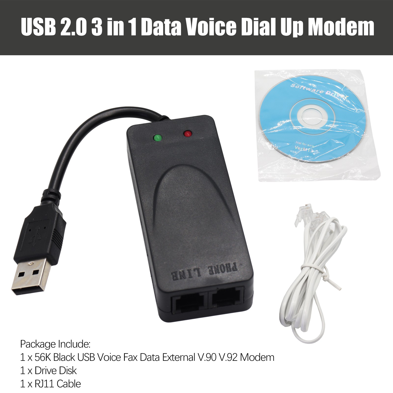 USB 56K V.92 Fax Modem External Data Dial-Up Internet Caller ID Plug & Play