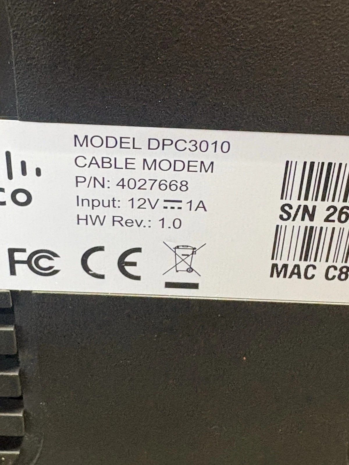 Modem Cisco DPC3010 DOCSIS 3.0 High-Speed, Tested as Shown