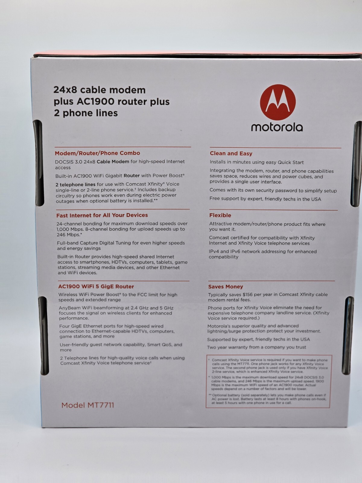 Motorola MT7711 24×8 Modem Router Two Phone Ports DOCSIS 3.0 AC1900 Dual Band