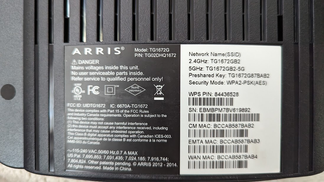 Arris TG1672G Telephony Gateway WIFI Dual Band 2.4GHz 5.0GHz 4 Port Modem (g8)