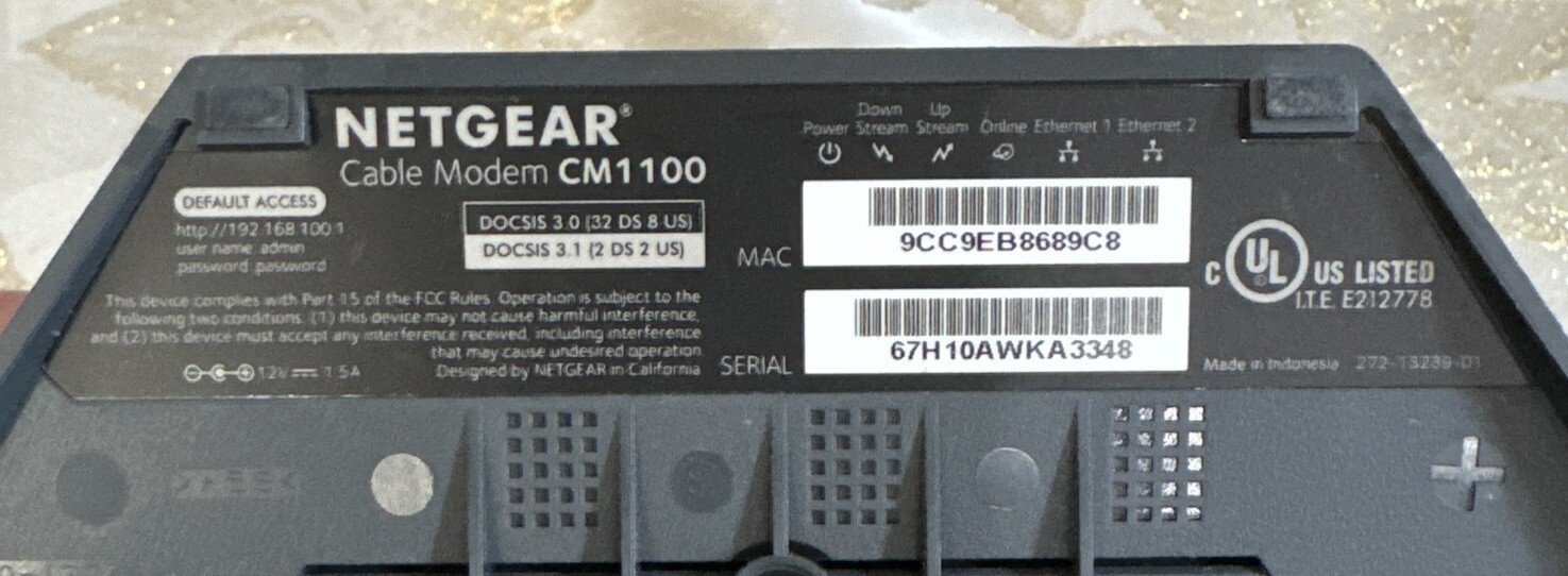 Netgear Nighthawk Cable Modem CM1100 DOCSIS 3.1 READ *For Parts or Repair Only!