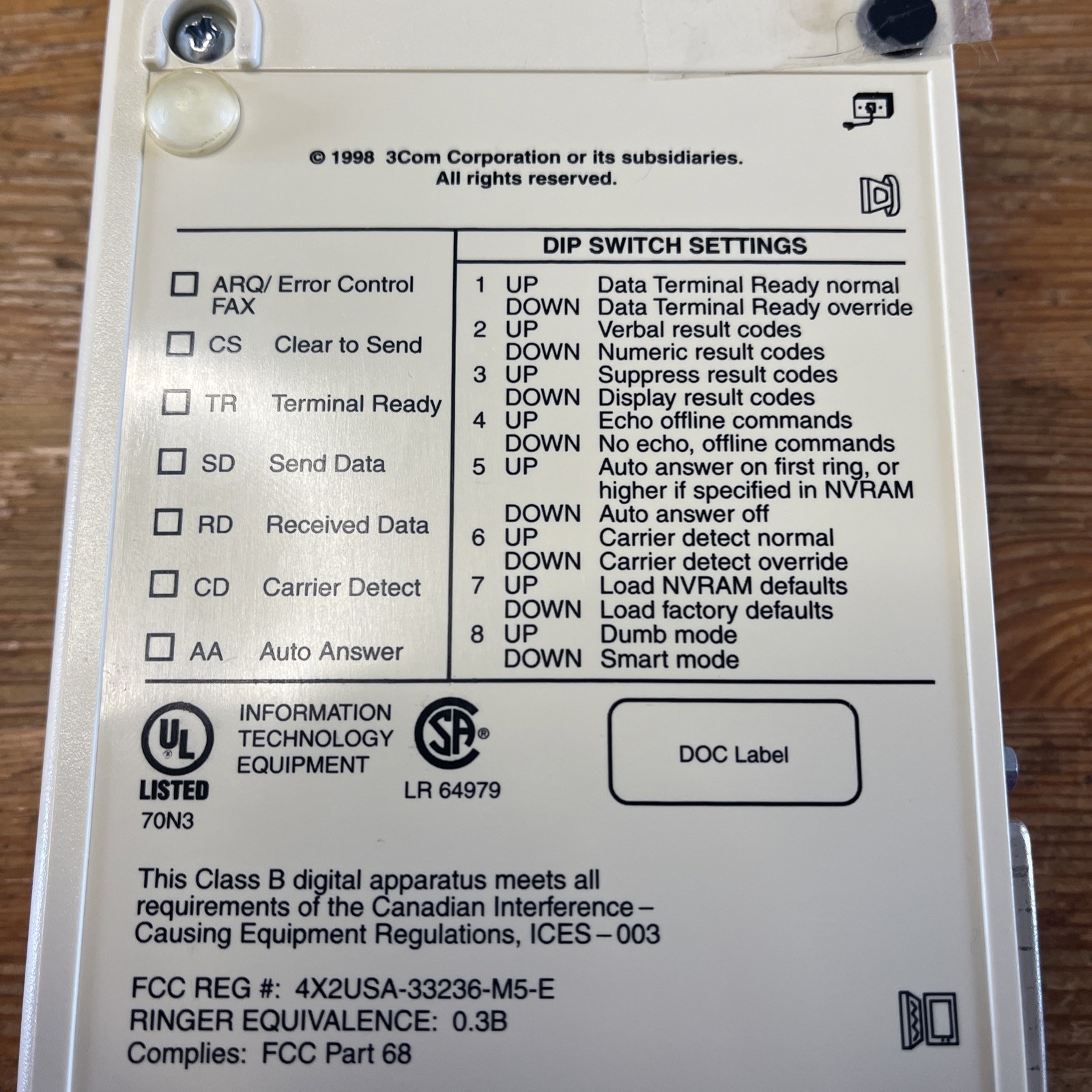 US Robotics 56K Faxmodem V.90 Sportster 1998 3Com USRobotics