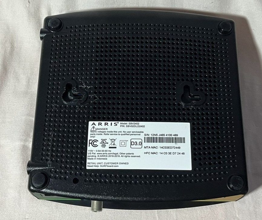 ARRIS SURFboard DOCSIS 3.0 Cable Modem SBV2402 VOIP Phone Power Cable Xfinity