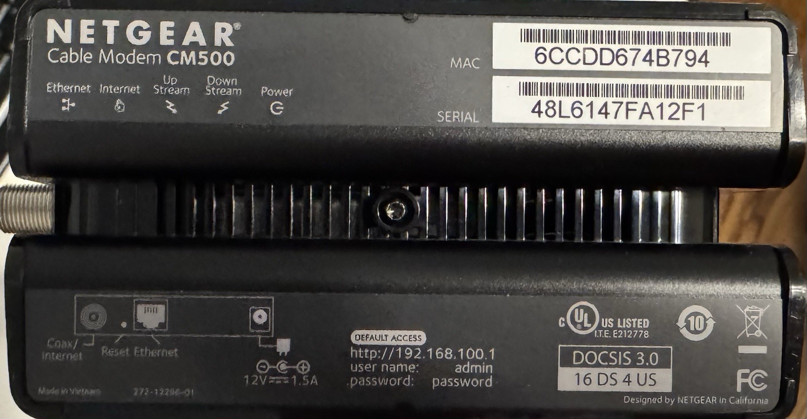 NETGEAR CM500 High Speed Cable Modem DOCSIS 3.0 Up To 680Mbps 16×4 Channel
