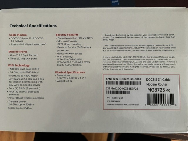 Motorola MG8725 WiFi 6 Router + Multi-Gig Cable Modem | 2-in-1 Device | Approved
