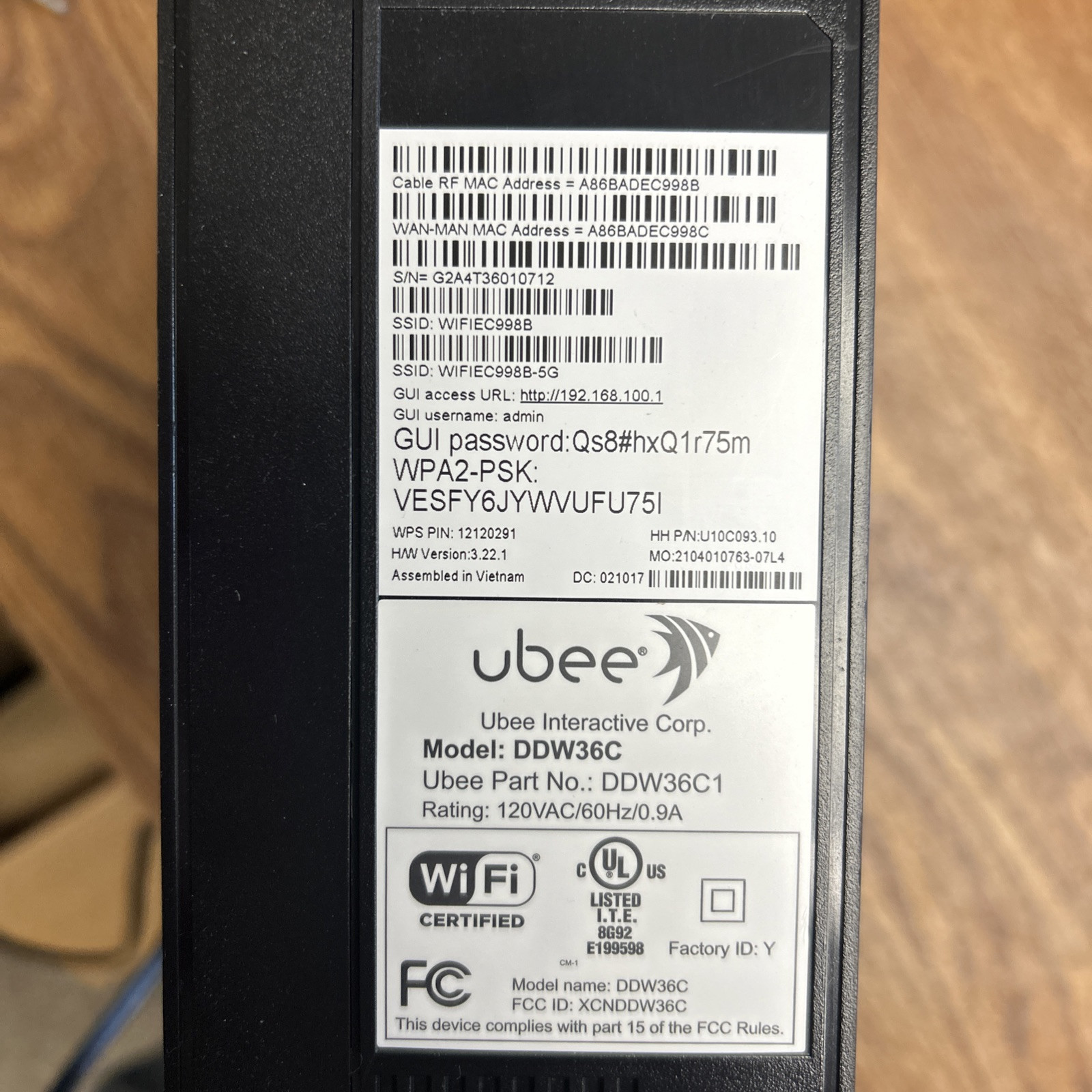 Ubee DDW36C Wireless Cable Modem Router Gateway