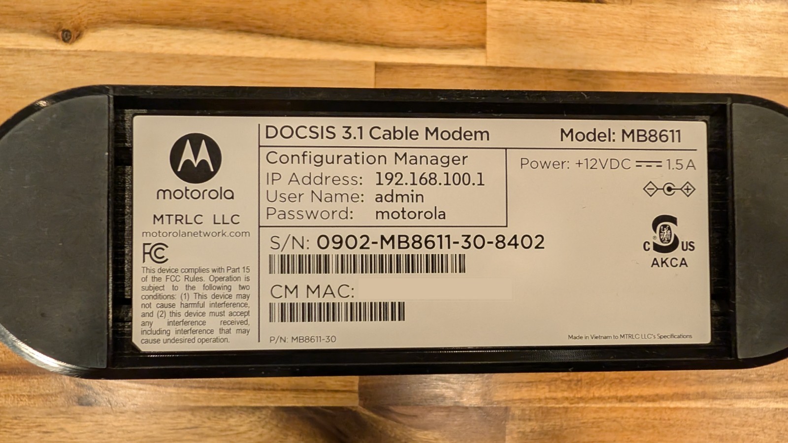 Motorola MB8611 DOCSIS 3.1 Cable Modem 2.5 Gbps Ethernet Port Black MB8611-30