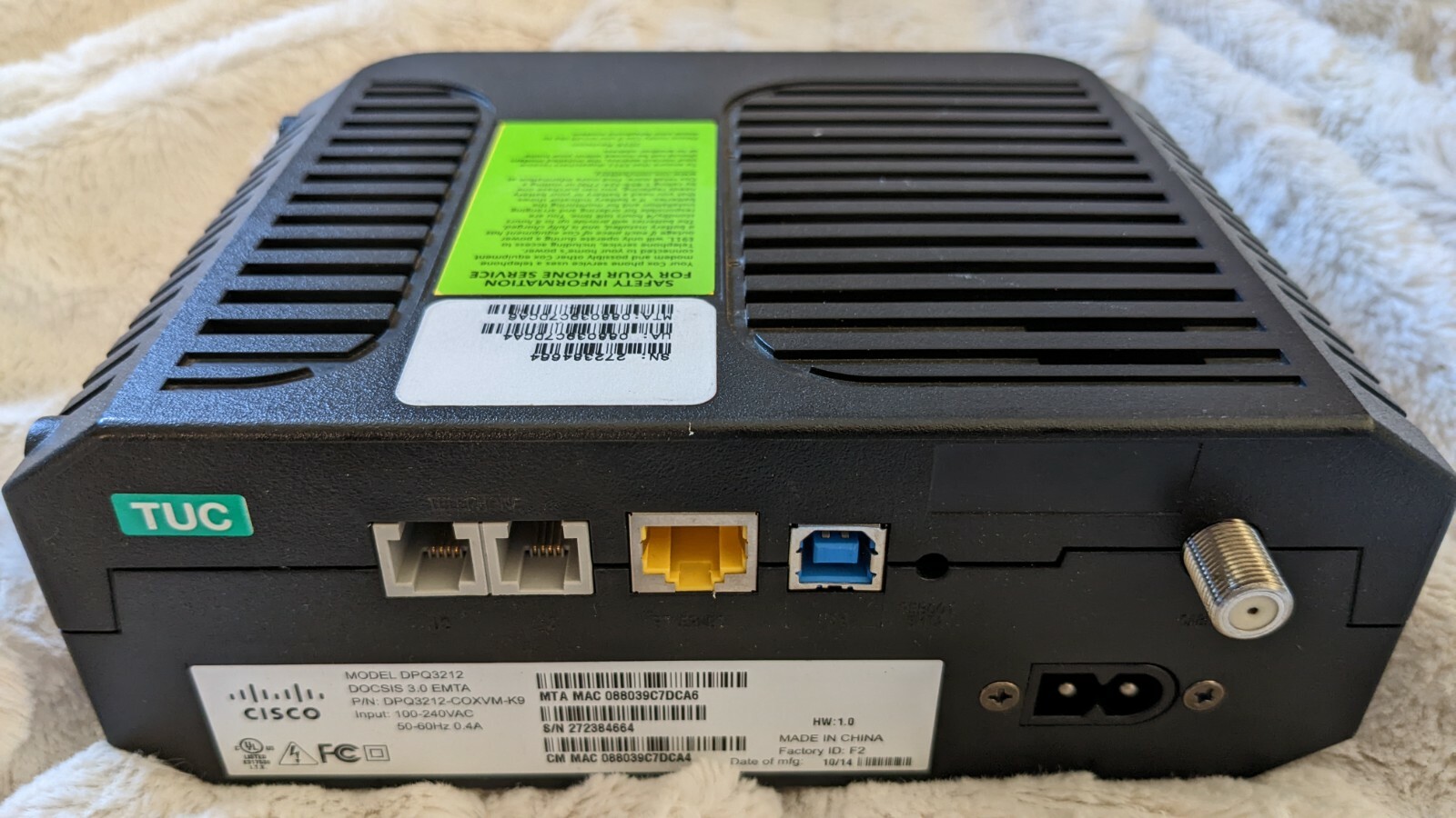 CISCO DPQ3212 CABLE MODEM DOCSIS 3.0 PHONE MODEM/CABLEVISION – no cords