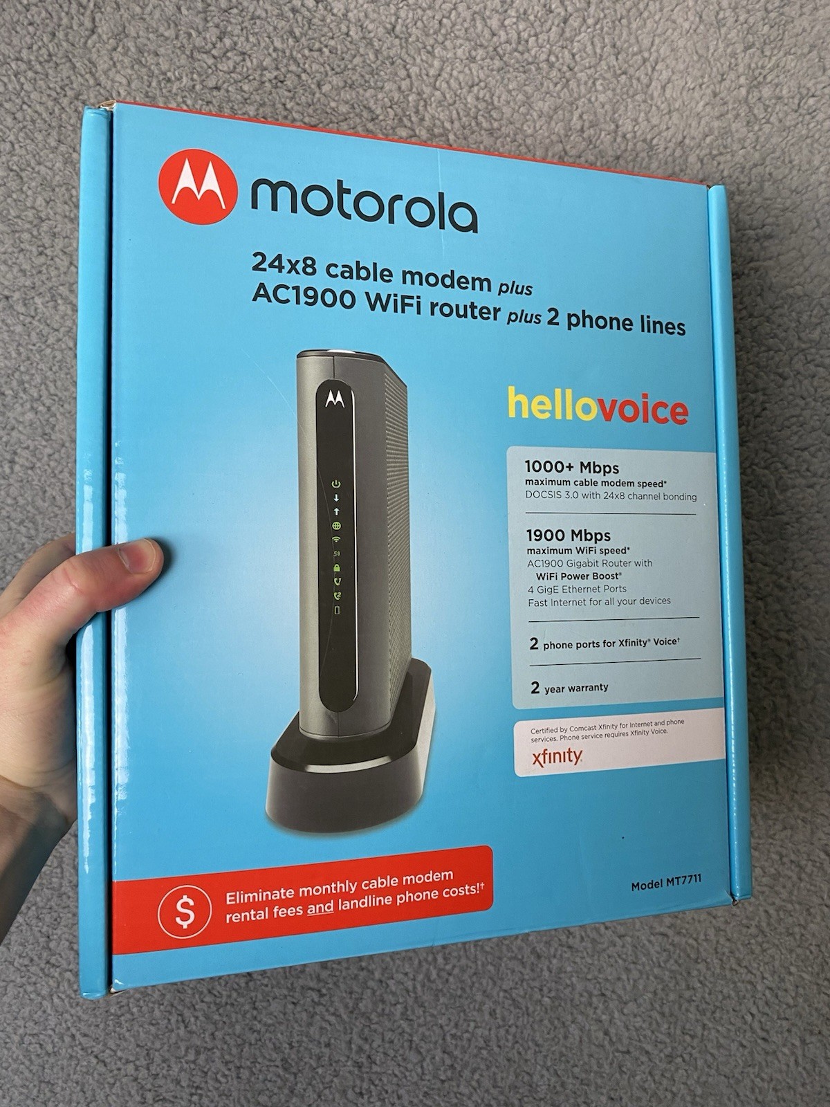 Motorola 24×8 Cable Modem, AC1900 WiFi Router, 2Phone Line Xfinity MT7711 TESTED